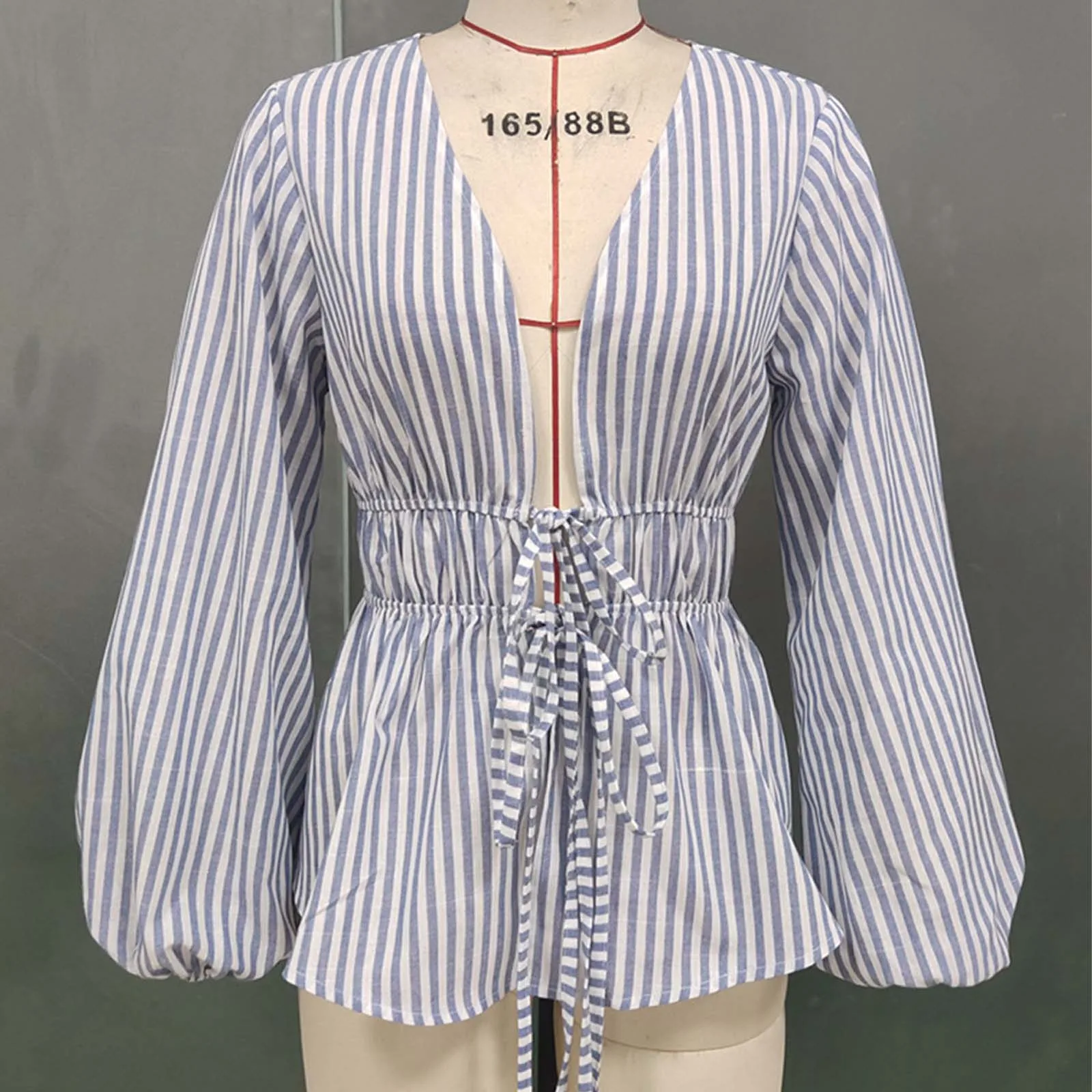 Womens Striped Lace-up Shirt Top Front Open with Double Tying Long Sleeve V Neck Blouse Top for Office Work Daily Vacation