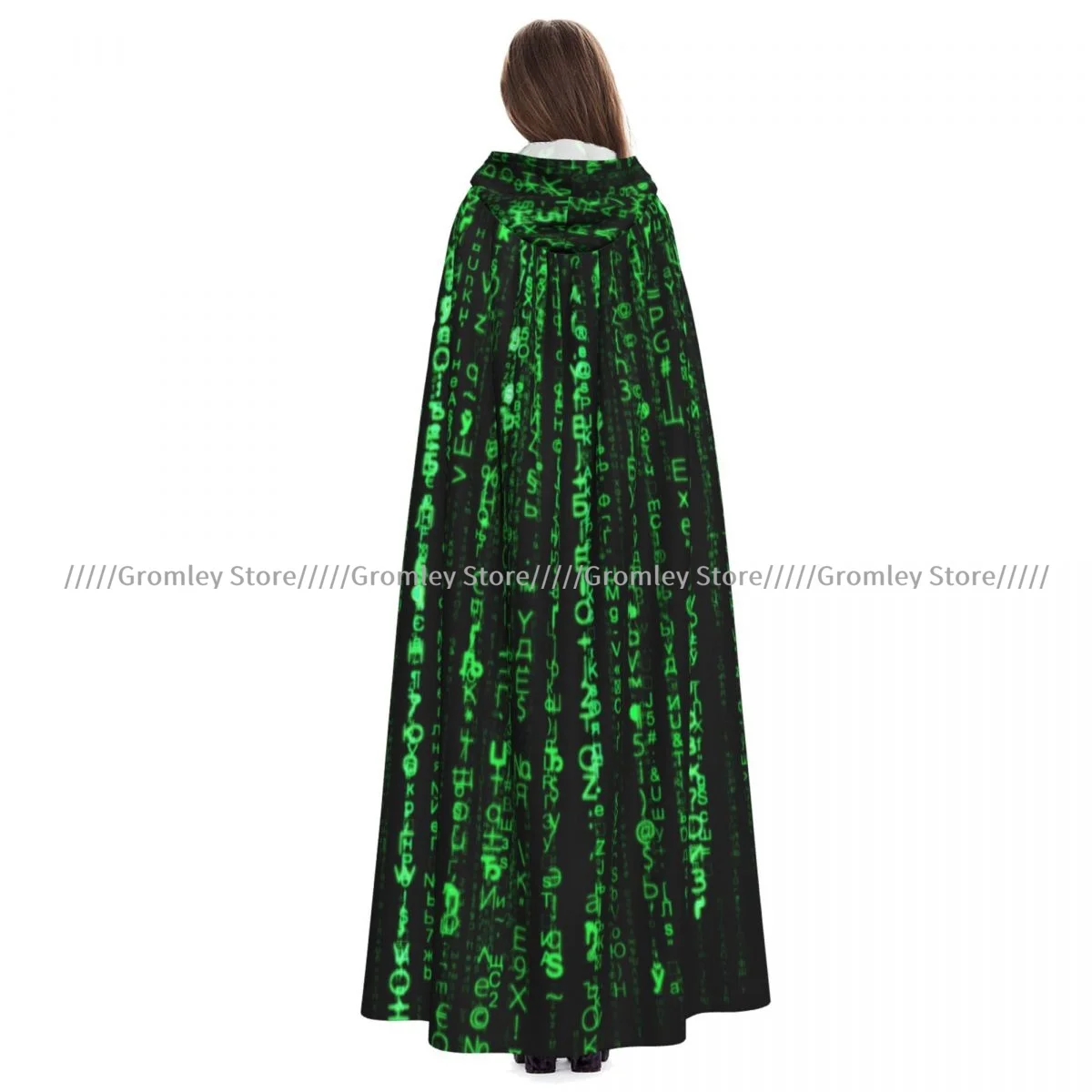 Unisex Halloween Cloak Green Matrix Cape Hooded Medieval Costume Witch Wicca Vampire