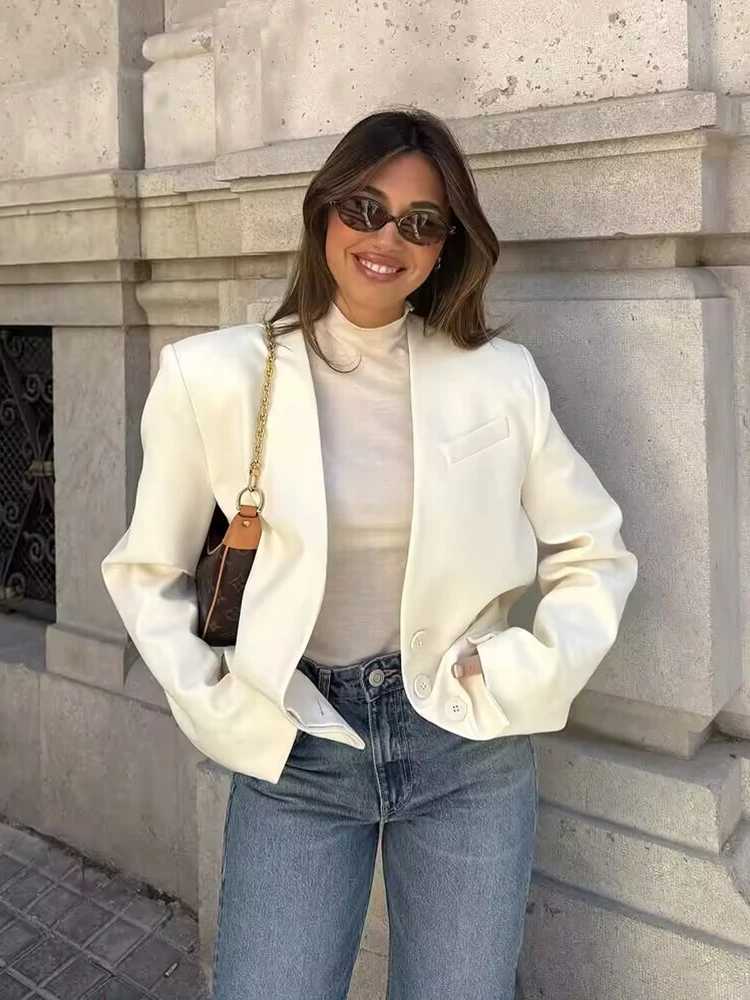 Vintage Women White Casual Blazer Jackets 2025 Fashion Ladies Elegant V Neck Suits for Female Chic Clothes Outfits Cute Tops