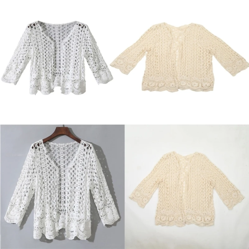 

Women Long Sleeve Cardigan Hollow Out Crochet Knit Floral Sweater Cover Up Open Front Scalloped Mesh Beach Shrug Coat