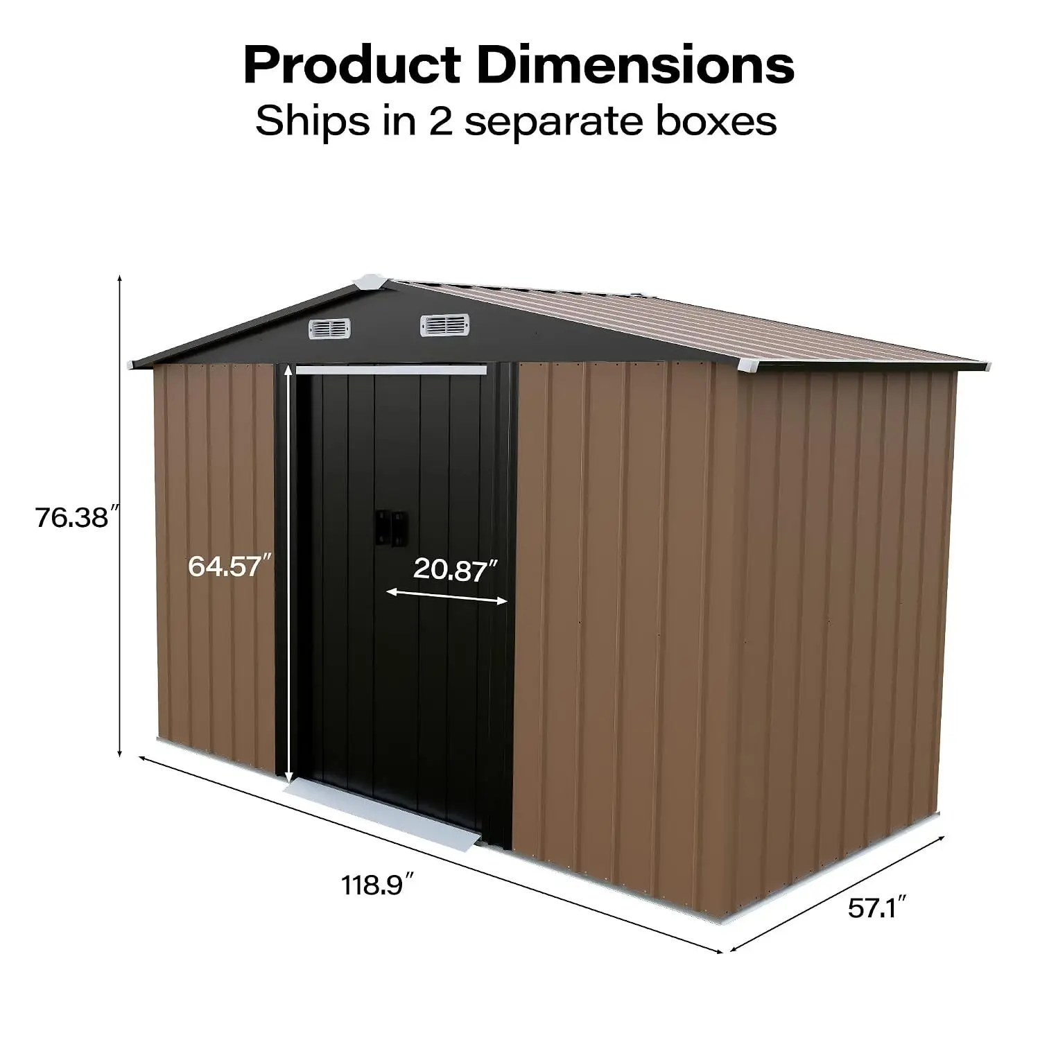 10x4.5 FT Outdoor Storage Shed Galvanized Steel Double Sliding Doors Gable Roof Air Vent Backyard Brown, Custom