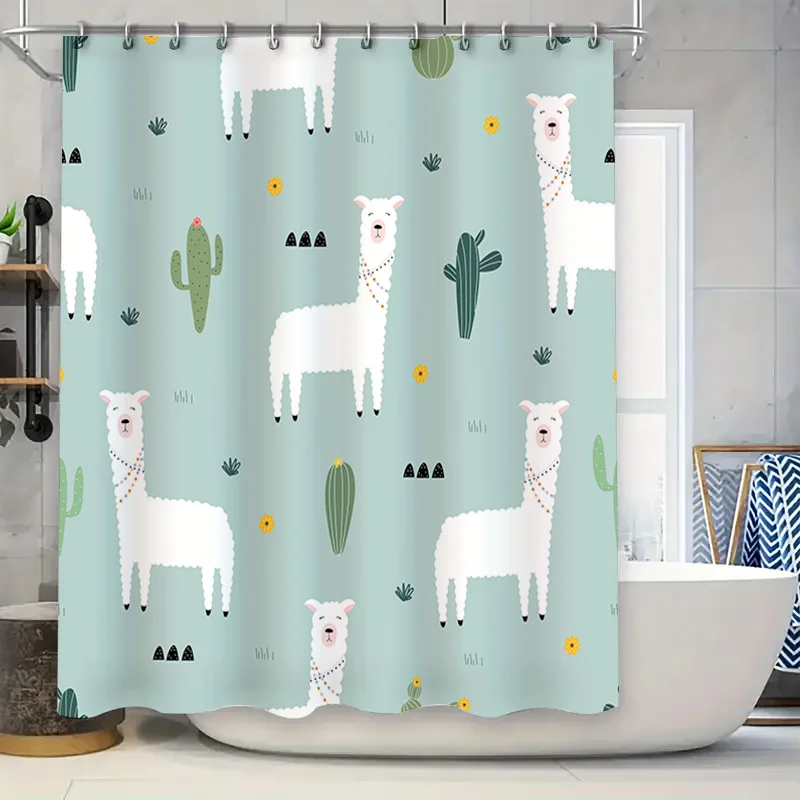 Blue Green Llama Cactus Shower Curtain for Bathroom Decor Waterproof Fabric Print Home Accessories 180x240cm（71X95)：A cute showe
