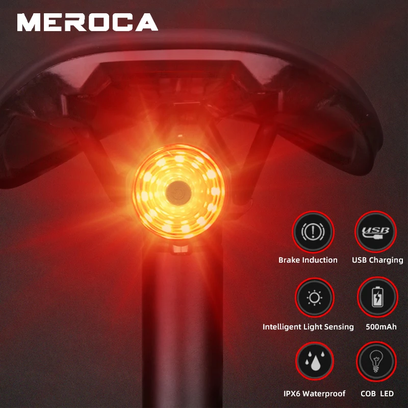 MEROCA Bicycle Taillight Smart Auto Brake Sensing Light IPX6 Waterproof LED Support USB charging 500mAh Cycling Bike Rear Lights