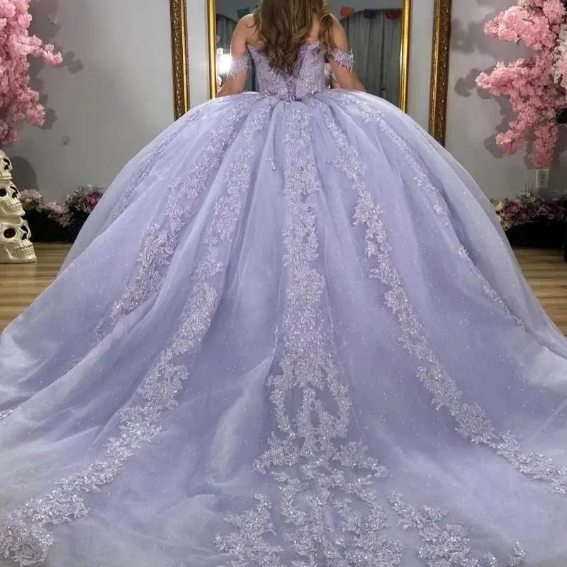 Lilac Illusion Ball Gown Quinceanera Dresses Crystal Beading Applique Lace Tull Sweet 15 Dresses Customized