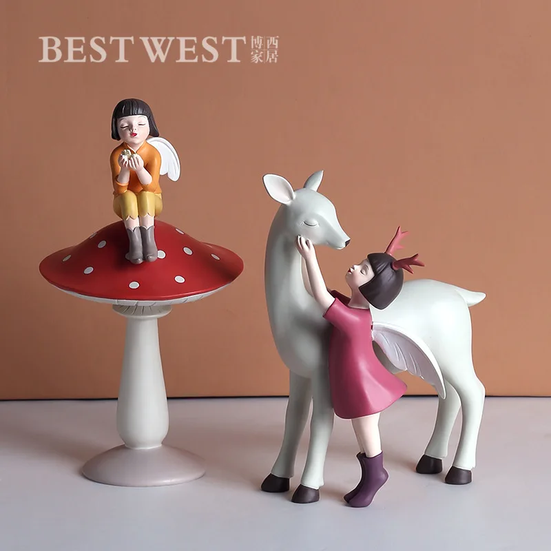 Miniature Figurine sitting mushroom girl riding resin ornament home decoration soft handicraft