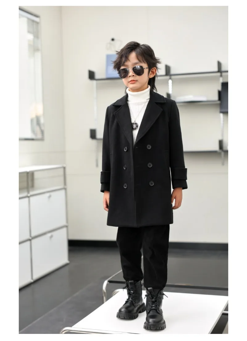 OLEKID Jungen Herbst Winter Doppelreihiger Mantel Kinder Einfarbige Wolljacke Kinder Oberbekleidung Kleinkind Teenager Überziehmantel 2-14 Jahre – Detail 20