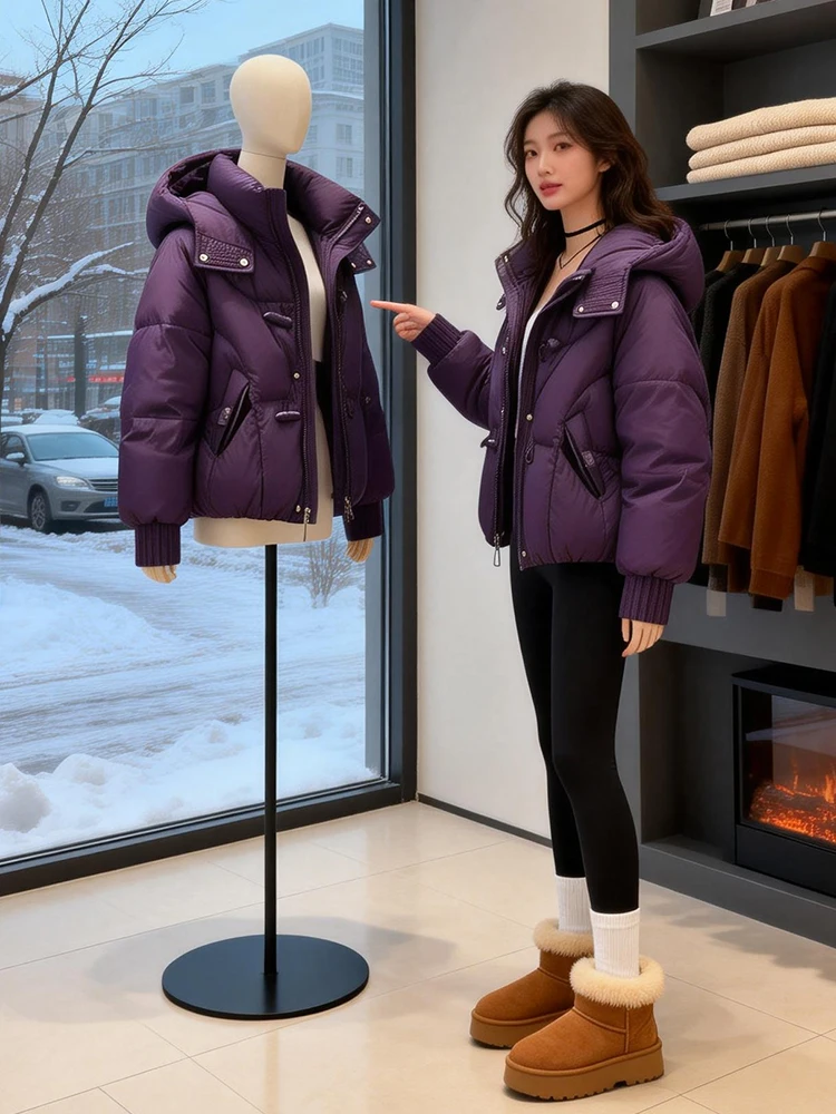 

Winter Thiened down Cotton Jaet Women's ort Bread Sle Warm Coat Korean Loose Fit Long Sve Zipper Closure Hat