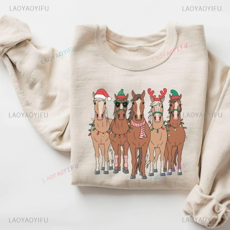 

Christmas Horse Printing Crewneck Pullovers 2026 New Year Novelty Trend Tops Funny Xmas Gift Unique Pattern Unisex Loose Hoody