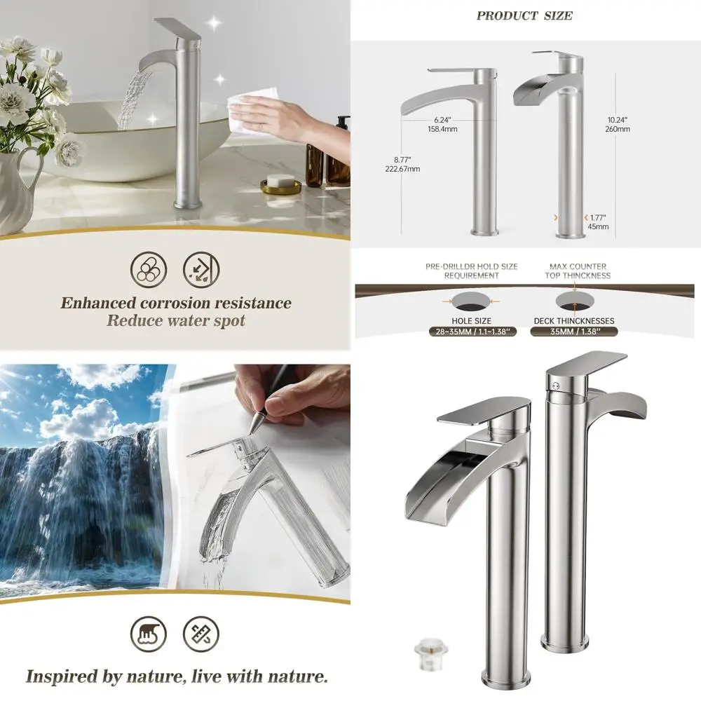 

2-Pack Tall Single Handle Waterfall Vessel Sink Faucet, Brushed Nickel, Above Counter, with Pop-Up Drain & Supply Line