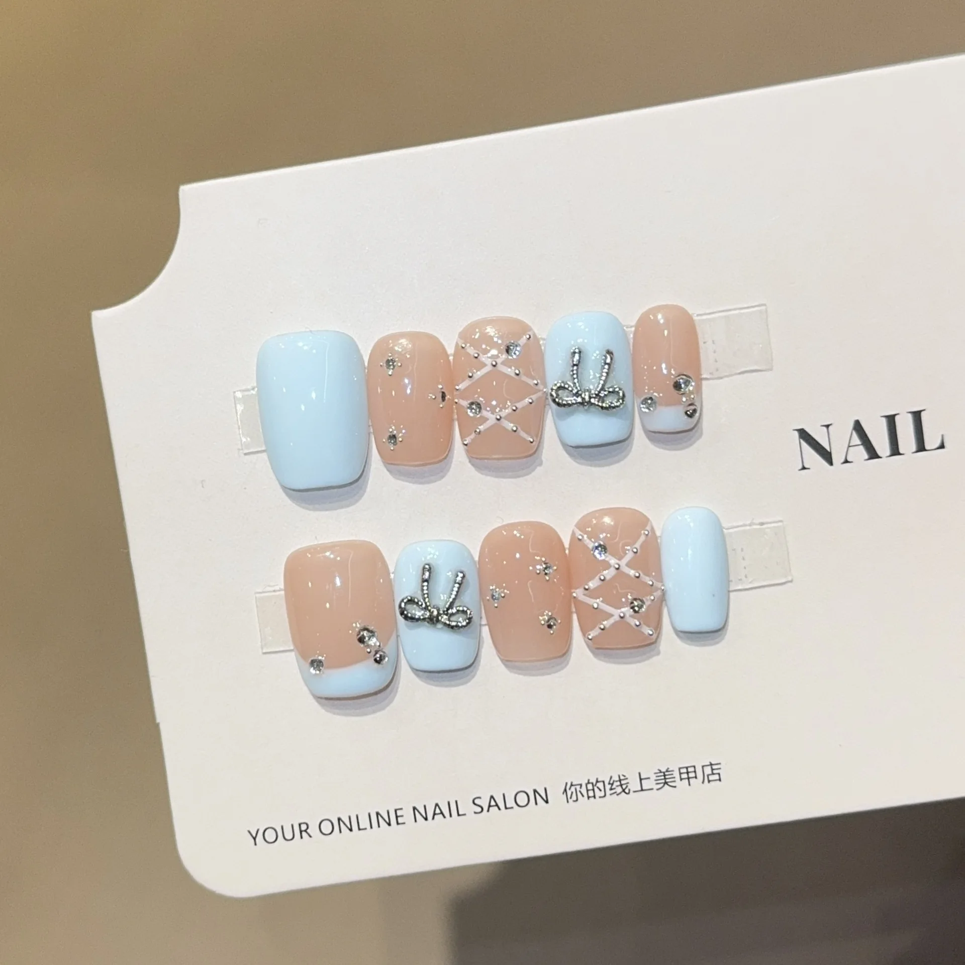 

10pcs Korea Style Short Ballet Nails Bule French 3D Bowknot Design Handmade Press on Nails Wearable Fashion Fake Nails Tip