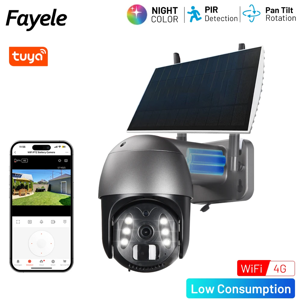 

Tuya 3MP Wireless WIFI PTZ Camera 10W Solar Panel 4G Sim Card Rechargeable Battery Camera PIR Human Detection Color Night Vision