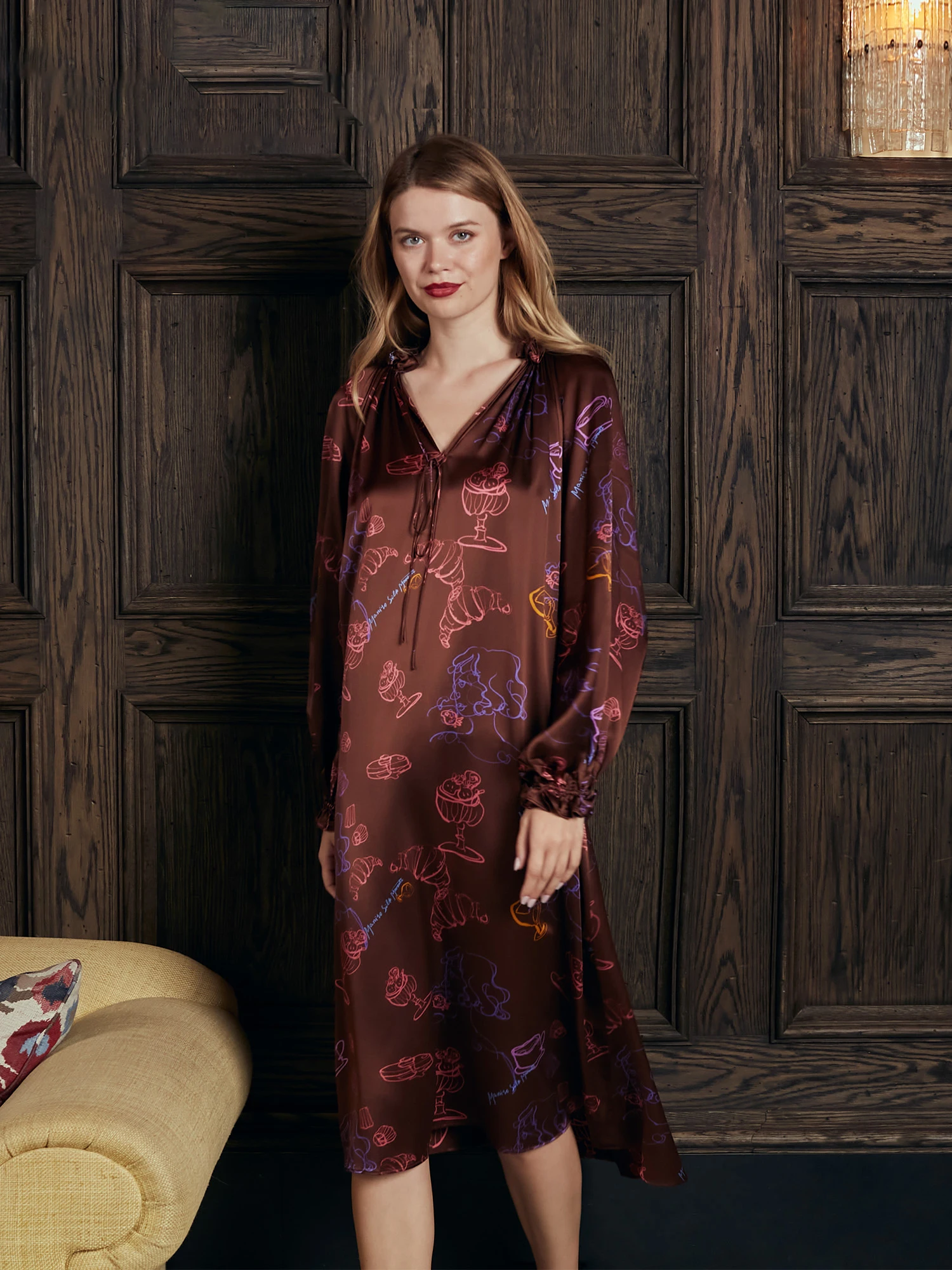 Birdtree, 22MM 100%Mulberry Silk Nightgown, Women Long Sleeve V Neck Print, Ruffles Sexy Sweet Pajamas, Summer Autumn P48828QC