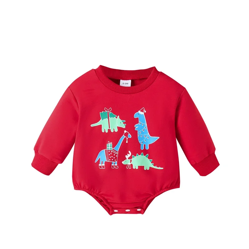 

0-18M Newborn Baby Girls Boys Christmas Romper Red Long Sleeve Crew Neck Dinosaur Print Casual Romper Bodysuit Clothes