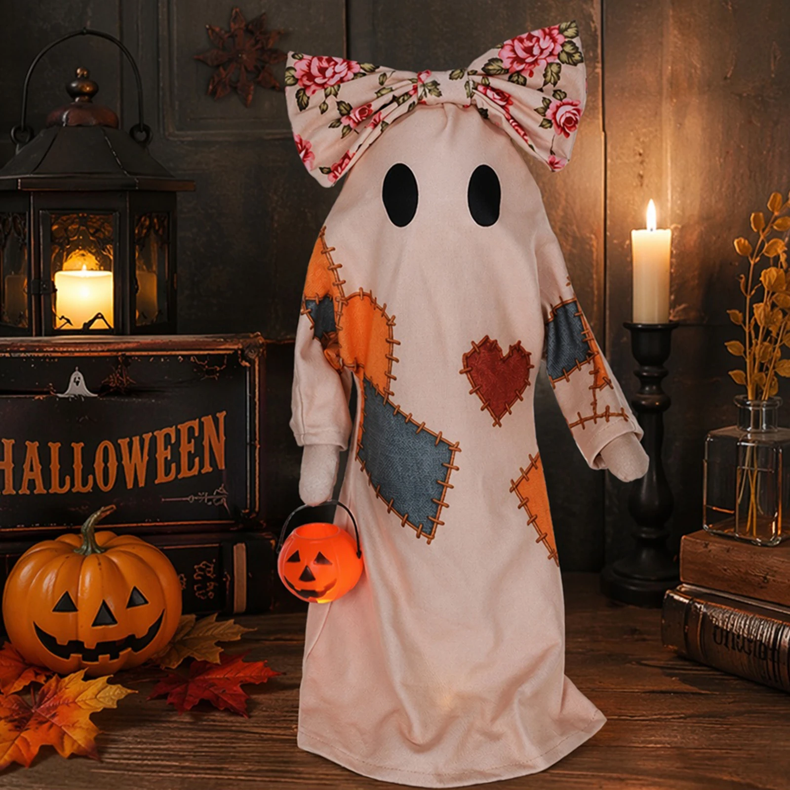 Halloween Decor Patchwork Ghost Light Light Up Ghost Figurine Retro Spooky Ghost Desktop Lamp for Home Office Party & Indoor Use