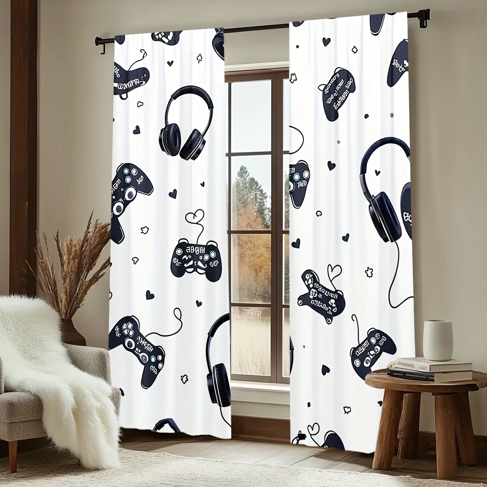Gaming Controller Curtains, Headphone & Joystick Print Drapes, Gamer Room Decor, Boys Bedroom Blackout Window Treatment, Esports