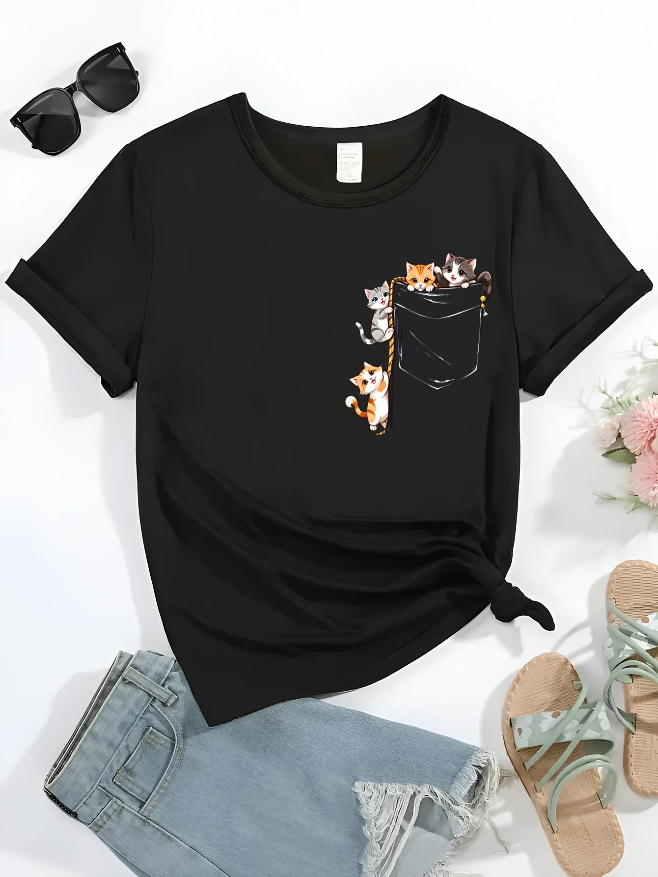 Cat Pattern Printed Women's T-shirt Summer Sweat Absorbent Breathable Suitable Sleeve Round Neck Pocket Pocket Female Tops Tees