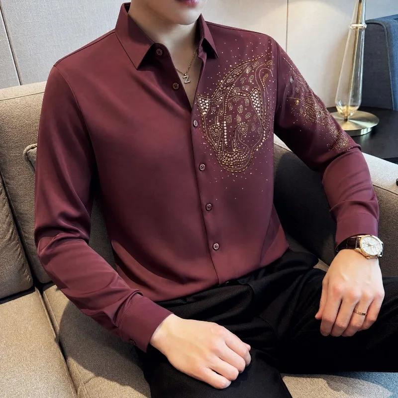 Luxury Long Sleeved Seamless Business Shirt Men Rhinestone Casual Social Shirt High-quality Slim Fit Social Banquet Party Shirt