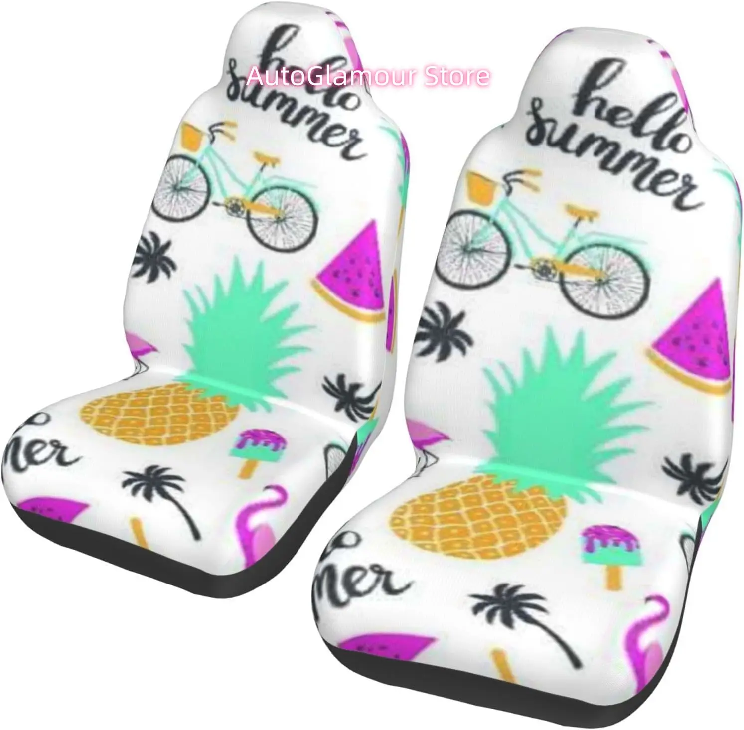 Summer Watermelon Pineapple and Bicycle Universal Car Seat Covers 2-Piece Set - Stretch-to-Fit Front Seat Protectors for Cars, T