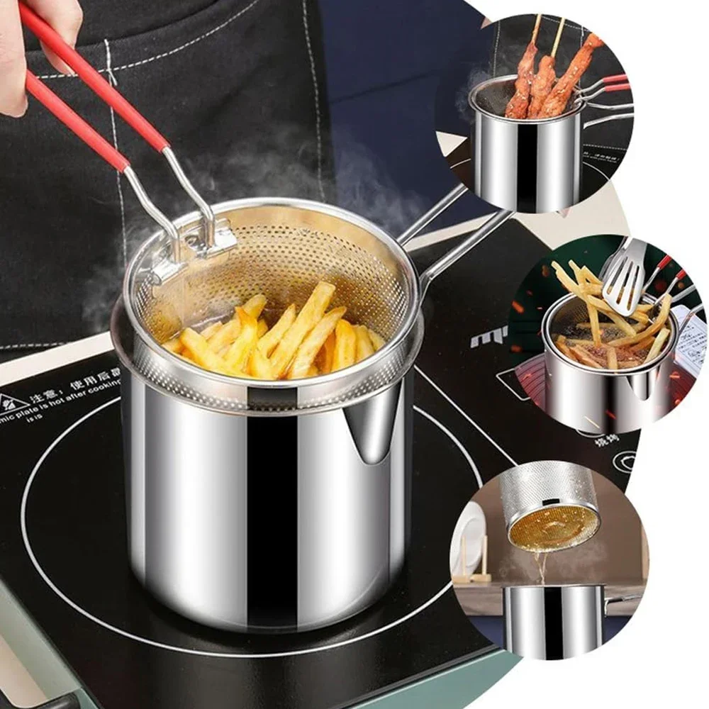 

Small frying pan with stainless steel frying basket for household use, multifunctional cooking tool for fried chicken