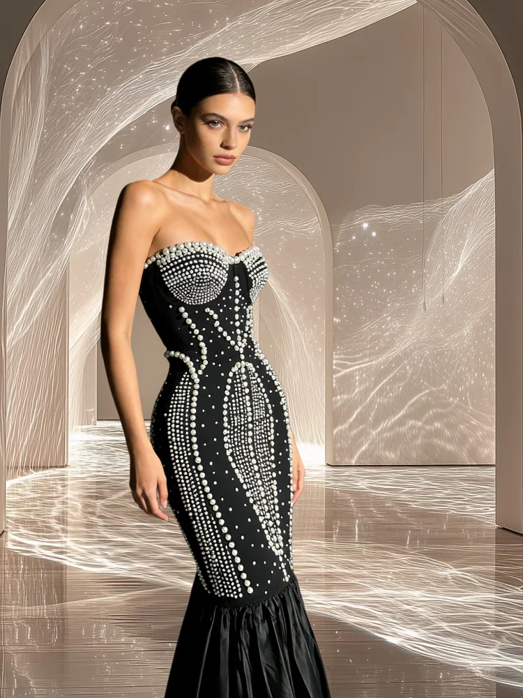 

2026 New Exquisite Beading White Ruffled Strapless Mermaid Bandage Long Dress Graceful Woman Party Dress Birthday Party Vestido
