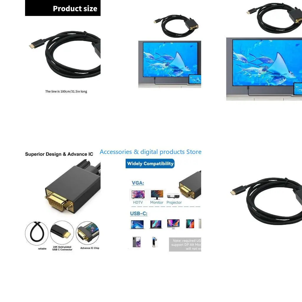 77JD USB3.1 Type C to VGA Adapter Cable 31inch Supports Mirror and Extend