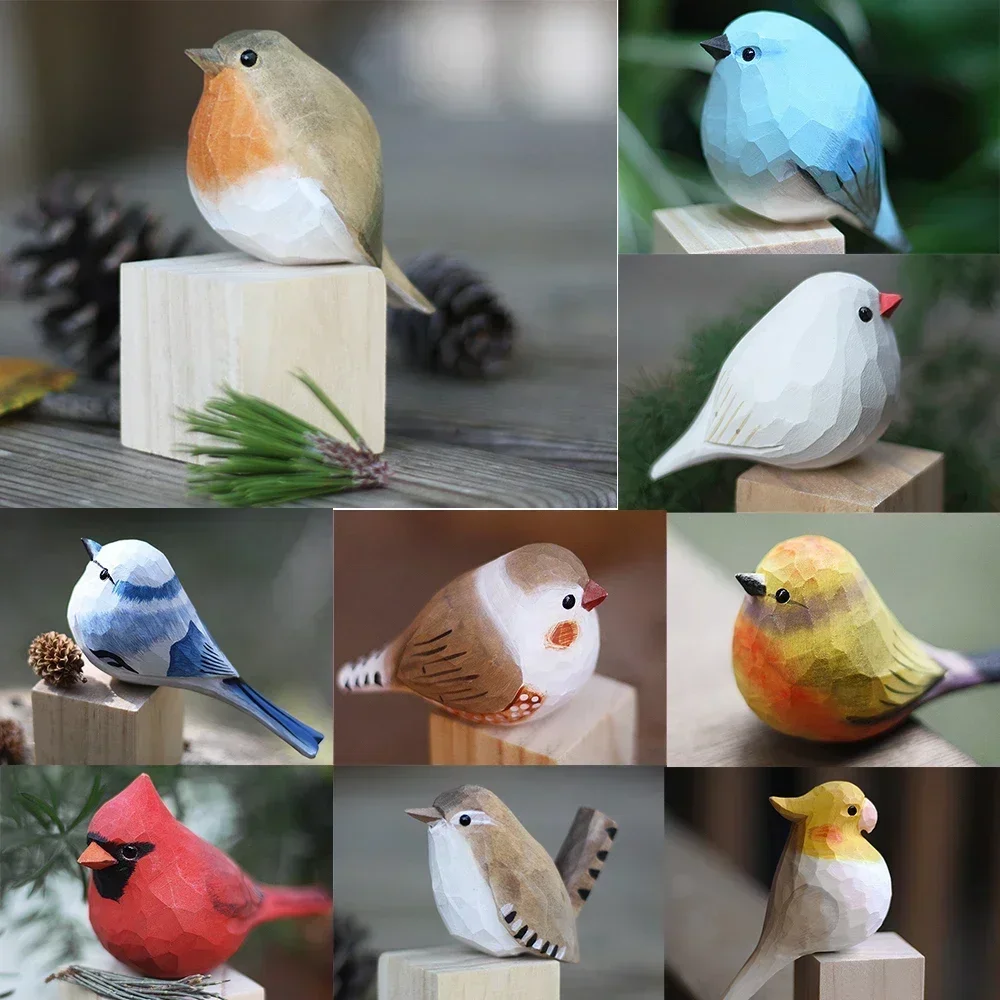 Nordic Wooden Bird Statue Decoration Ornaments Decorative Carved Wood Robin Bird Figurine Garden Home Decor Craft Cute Decor