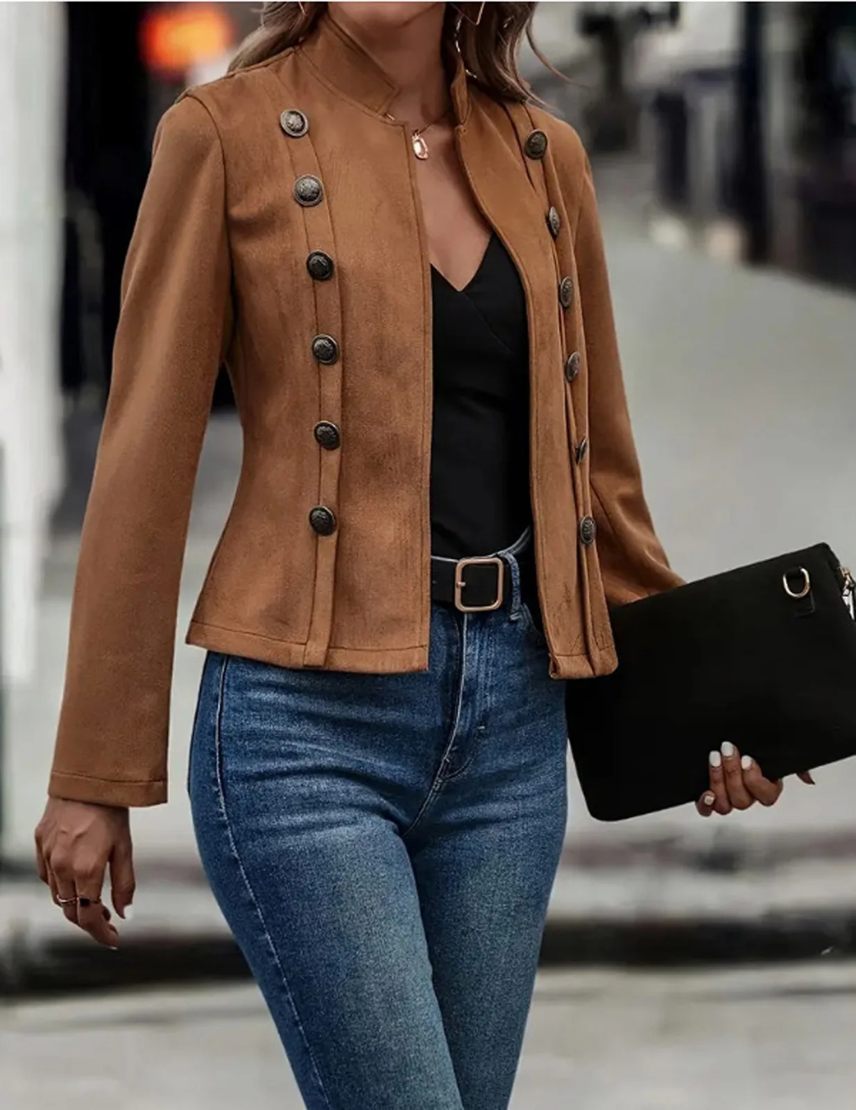 Women Stand Collar Double Breasted Short Suit Jacket Coat Long Sleeve Solid Color Business Casual Faux Suede Outerwear