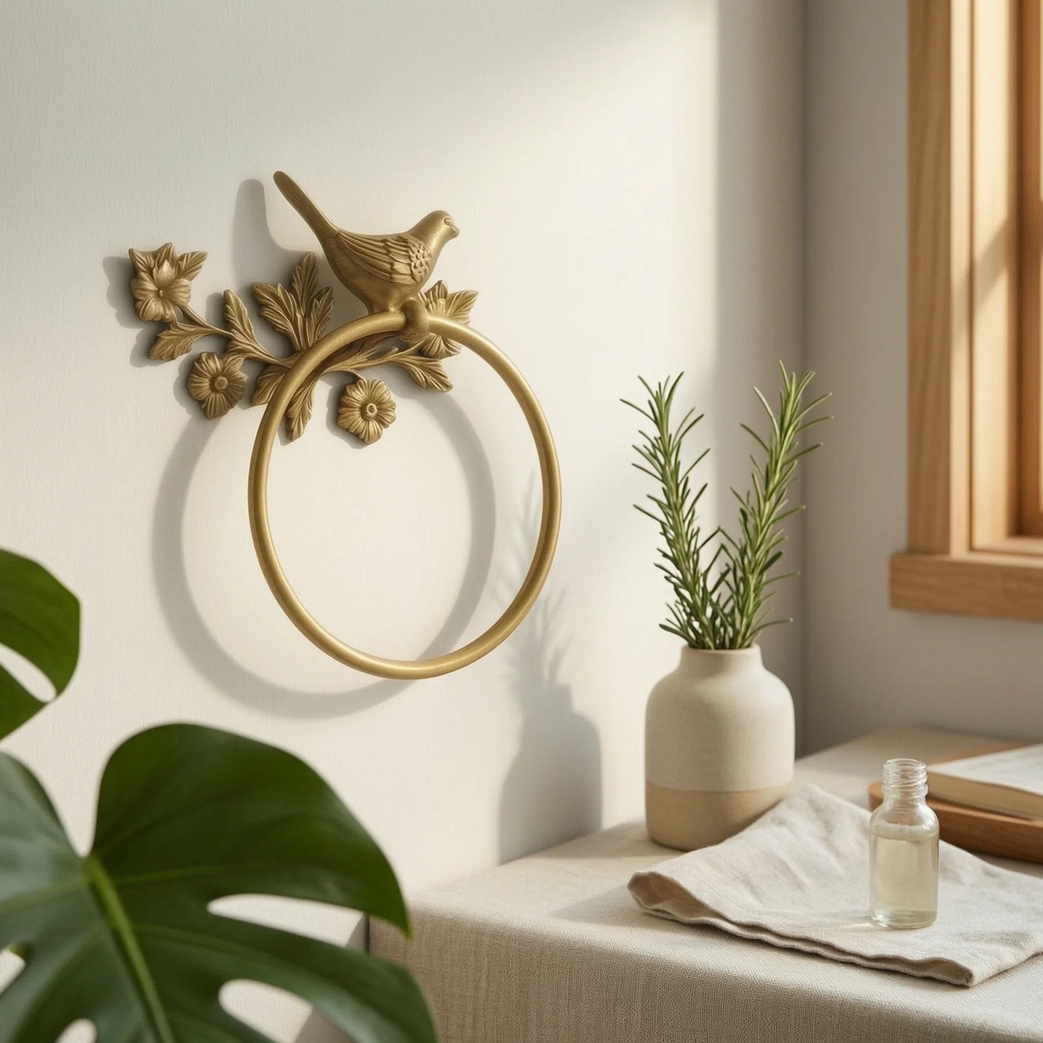 Towel Holder with Bird and Floral Motif Wall-Mounted Towel Loop with Floral Design Hardware Nature-Inspired Decorative