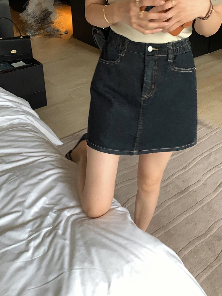 

Bigyu Elastic Waist Versatile ort A-Line Denim Skirt High Waist Slimming Spring Summer Women's Faion Korean Sle f-le...