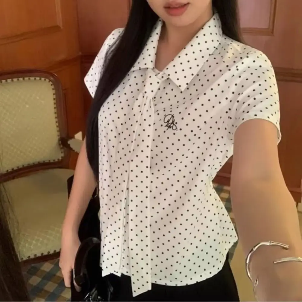 

Темпераментная короткая рубашка в горошек с рюшами, уличная одежда, женская блузка в горошек, топы в корейском стиле в полоску с длинными рукавами, подарок для девочек