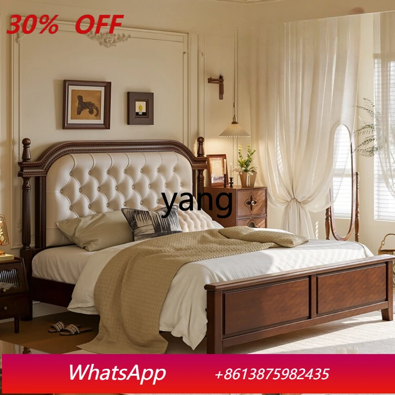 

lcx American retro all solid wood light luxury master bedroom bed walnut leather soft bag bed