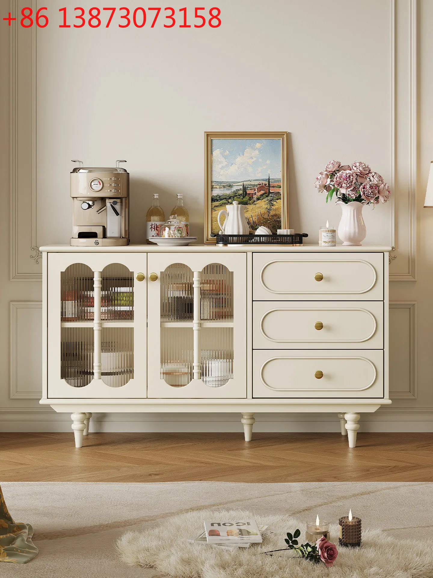 

French solid wood sideboard, home living room cream style storage cabinet, pantry cabinet, American white wall storage