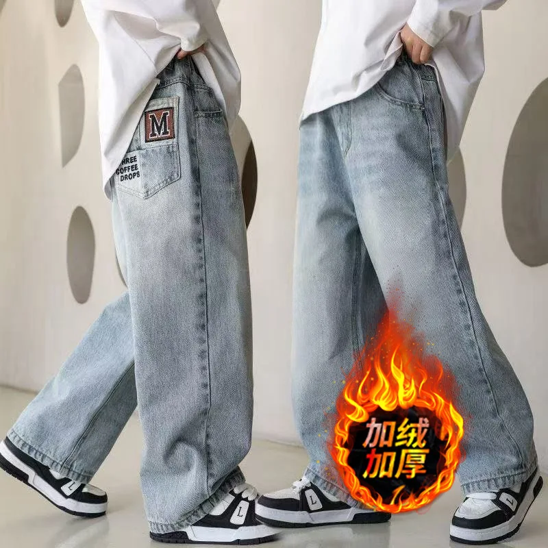 

Детские свободные брюки для мальчиков, зимние теплые джинсы, новый стиль, модные брендовые свободные прямые джинсовые брюки с флисом для подростков