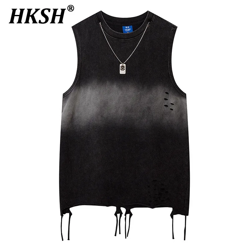 

HKSH Gradient Distressed Summer New Vest American High Streetwear Punk Tees Men's Tide T-shirt Hip-hop Sleeveless Tops HK0985