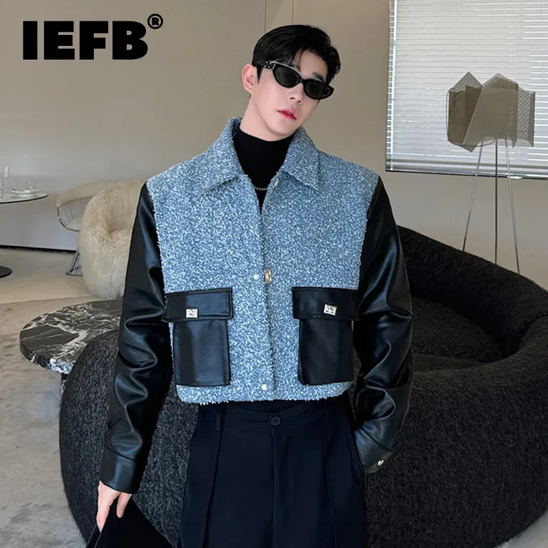 IEFB Niche Design Men's Jacket Pu Leather Patchwork Metal Single Breasted Coat Turn-down Collar Loose Male Short Clothing 9C8116