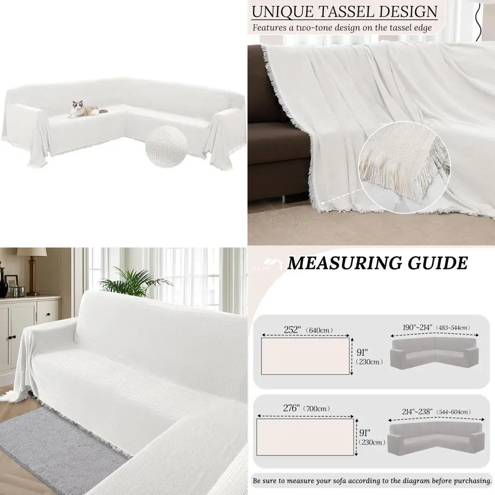

L-Shaped Corner Sofa Cover Jacquard Knitted U-Shaped Slipcovers with Tassel Soft Washable Couch Blanket