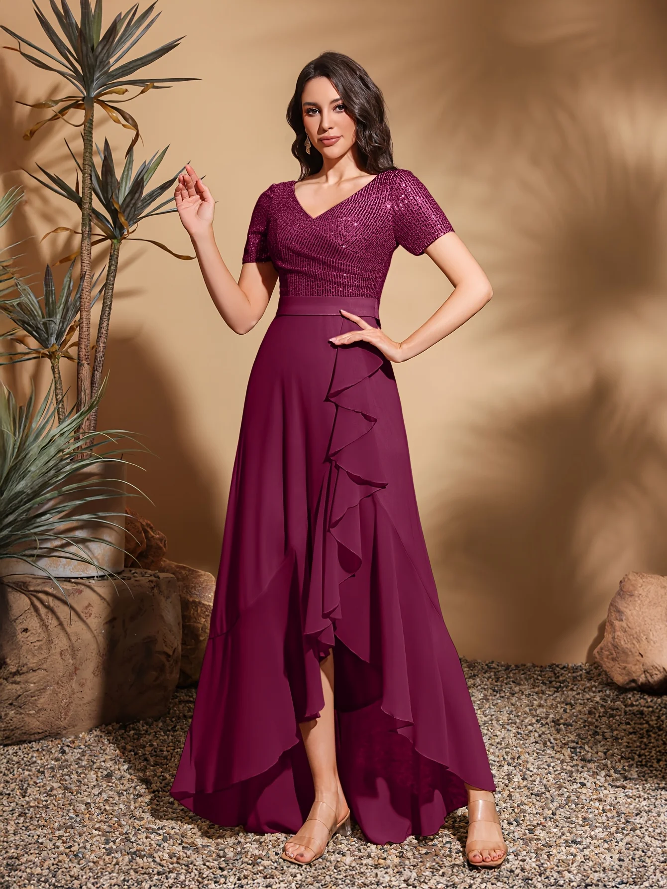 V-neck short-sleeved sequined chiffon pleated asymmetrical hem dress