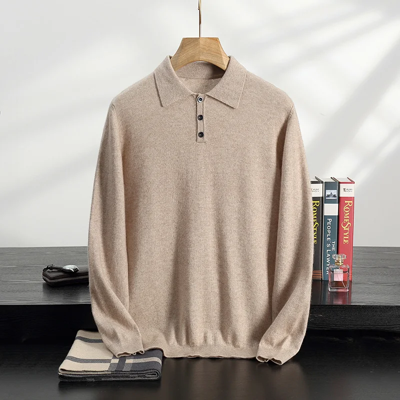 100% pure cashmere sweater men's lapel pullover long sleeve POLO neck sweater loose top business casual knit bottoming shirt