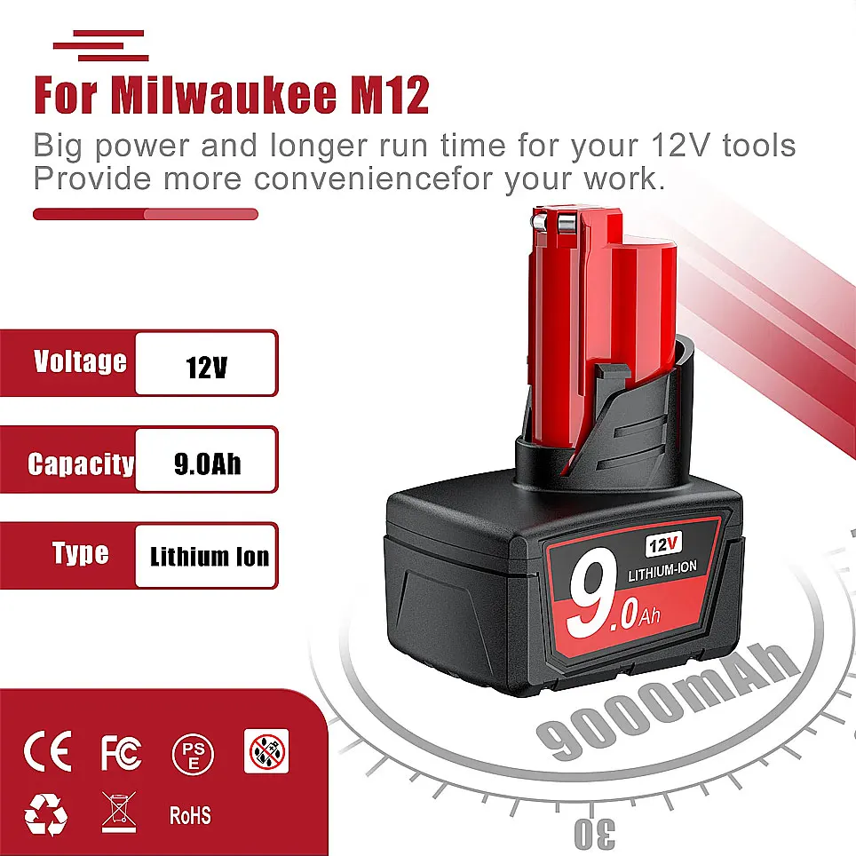 Pro Milwaukee M12 Baterie 12V 9.0Ah Dobíjecí baterie 48-11-2402 48-11-2411 9000mAh Náhradní baterie pro elektrické nářadí - náhled 3