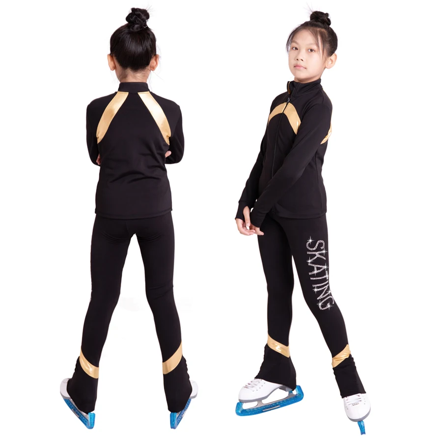 New Ice Figure Skating Jacket Pants Women Girl Trousers Top Black Teens Children Kids Colored Blue Rhinestones Training