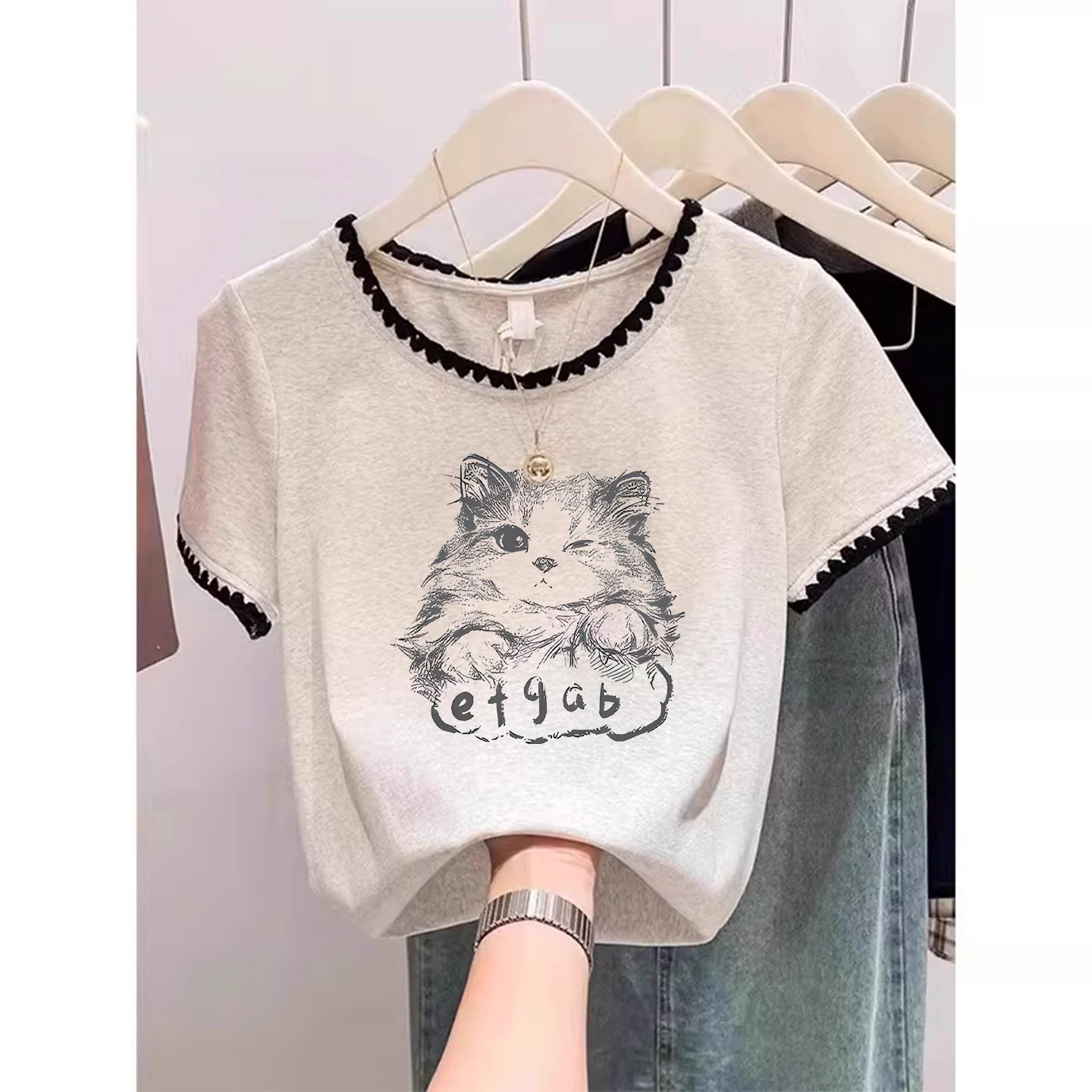 Slim Fit Short Sleeve T-Shirt Women's Summer New Fashion Small Audience Design Sense Delicate Short Top Korean Style Cotton B...
