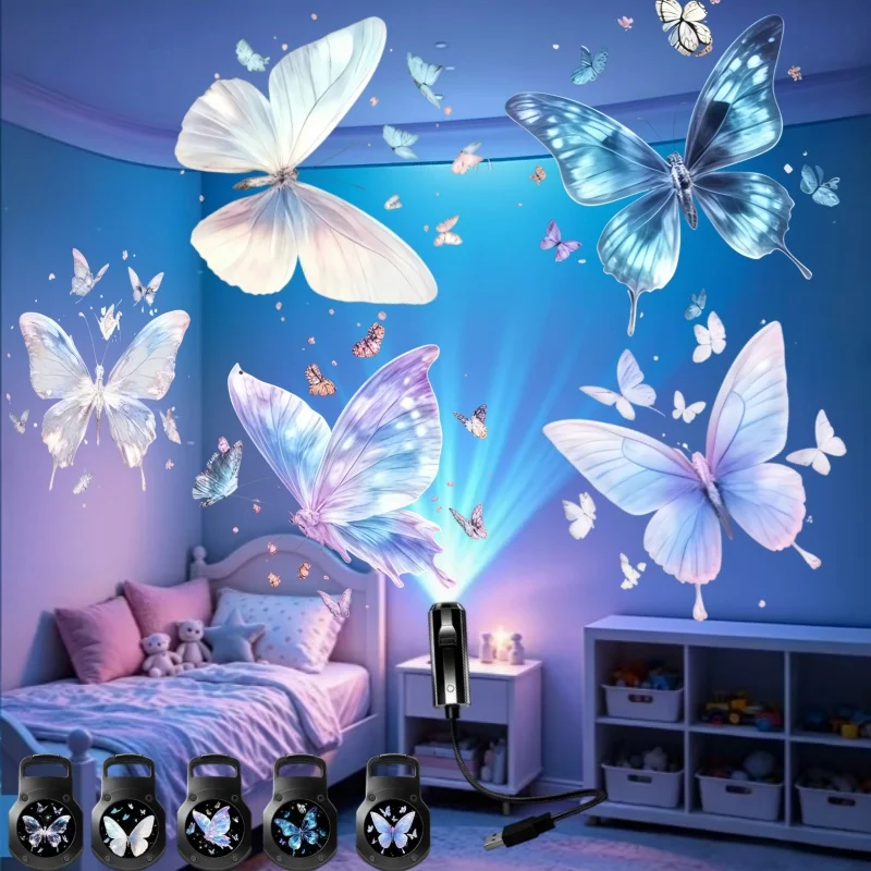 Five-Butterfly Pattern Projection Lamp Ambient Night Light, Multi-functional Projection Night Light for Bedroom and Vehicle Use