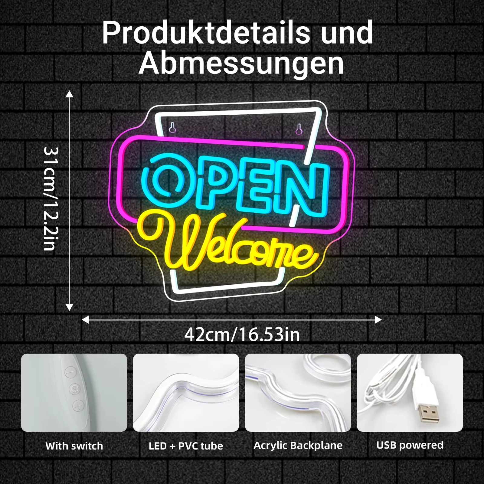 Open Welcome Neon Sign Colourful Open Neon Light Letter Neon Advertising USB Dimmable Neon Sign for Shop Party Bar Salon Cafe