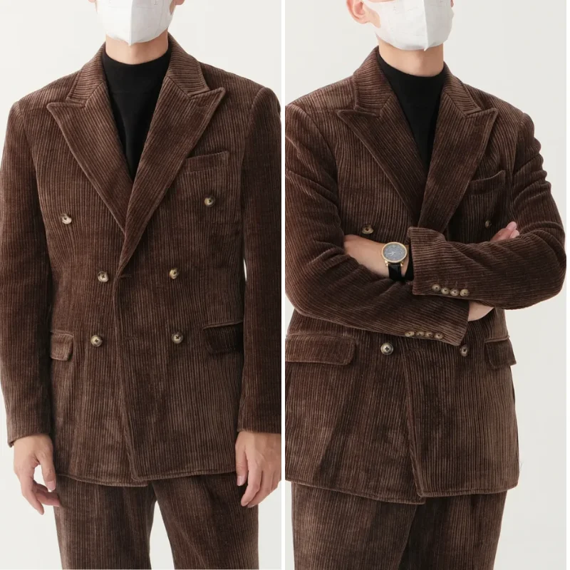 

Новинка 2025 года, коричневый вельветовый мужской костюм из 2 предметов в стиле ретро, двубортный осенне-зимний теплый брюки для свадебной вечеринки, куртка, повседневный пиджак