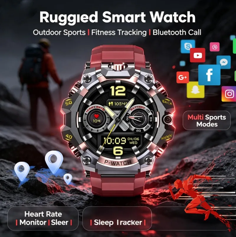 Rugged Military Smart Watch Men Bluetooth Call Fitness Tracker Heart Rate Sleep Monitor Waterproof Outdoor Sports Smartwatch