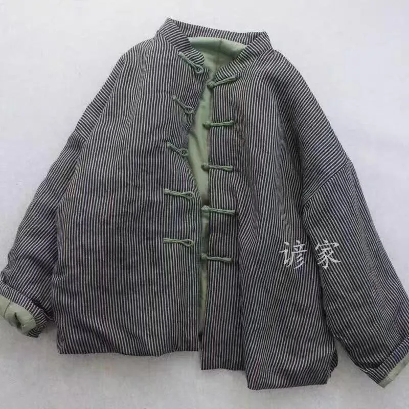 

Women Linen Winter Autumn Jacket Frog Button Striped Stand Collor Cotton Thicken Cardigan New Chinese Warm Coat