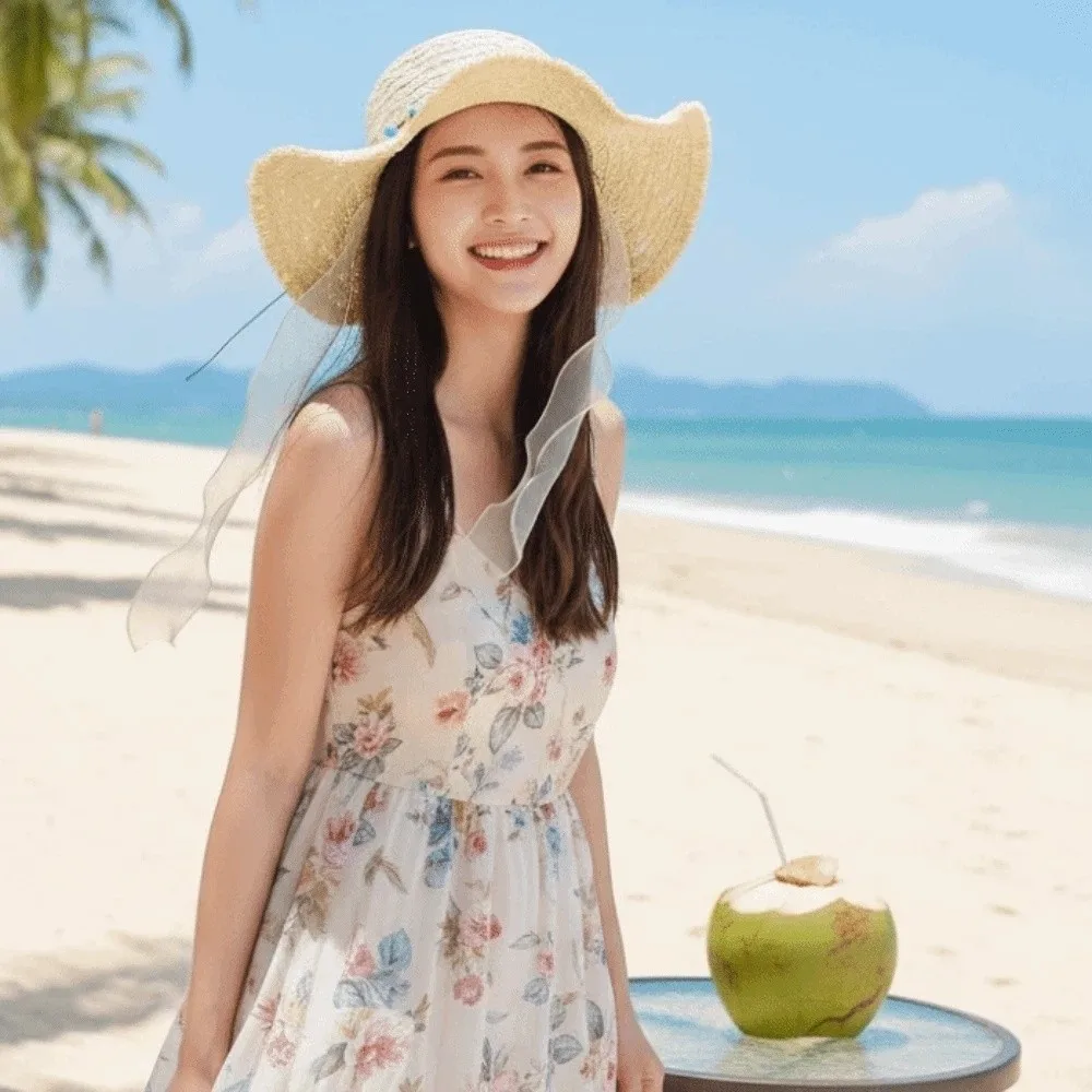 Breathable Vacation Beach Cap with Turquoise Lightweight Big Brimmed Straw Hat with Lace Sombrero Woven Sun Cap Masquerade