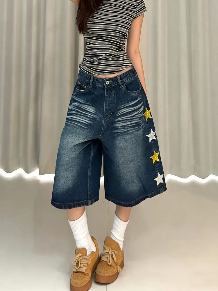 Women Star Embroidery Jeans American Vintage Y2K Streetwear Fashion Slim Fit Capri Pants Casual Denim Trousers 2026 Summer
