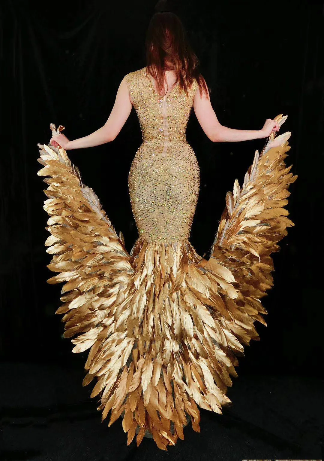 Sexy Gold Feather Shining Rhinestones Sleeveless  Long Dress For Women Evening Banquet Clothing Stage Singer Ballroom Costumes