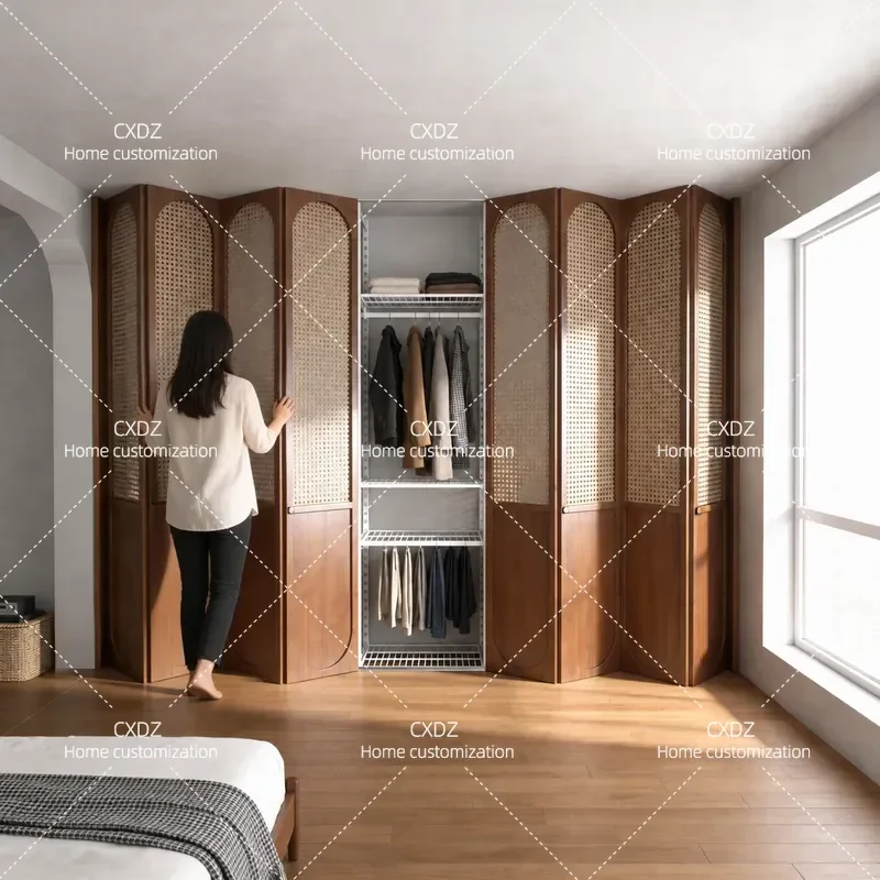 Walk In Closet Folding Door Without Lower Rail Solid Wood Rattan Dust Proof Panel For Household Bedroom Medieval Cream Style